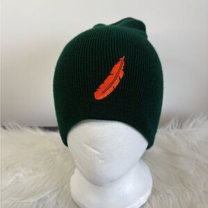 Children's Dark Green Beanie with Orange Feather